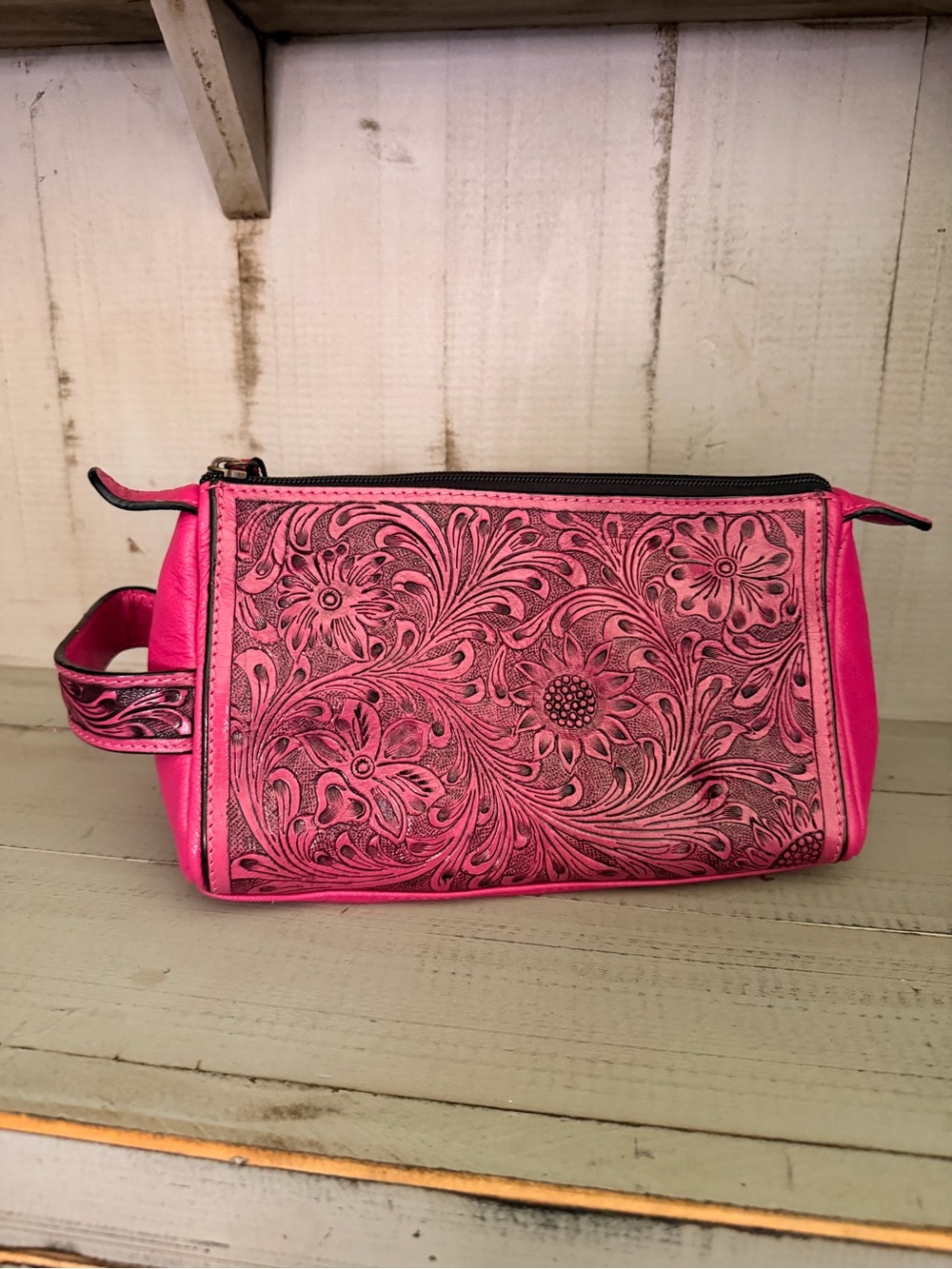 Women's Pink Genuine Tooled Leather Cosmetic Bag